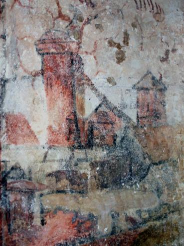 Peinture murale de l'église représentant peut-être le donjon de Saint-Christophe